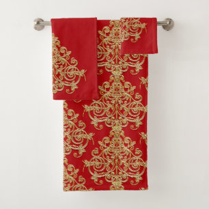 Ensemble de serviettes de bain en damas or et roug