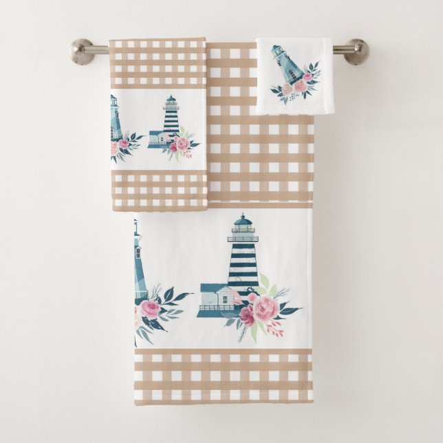 Ensemble de serviettes de bain En vichy et phare (En situation)