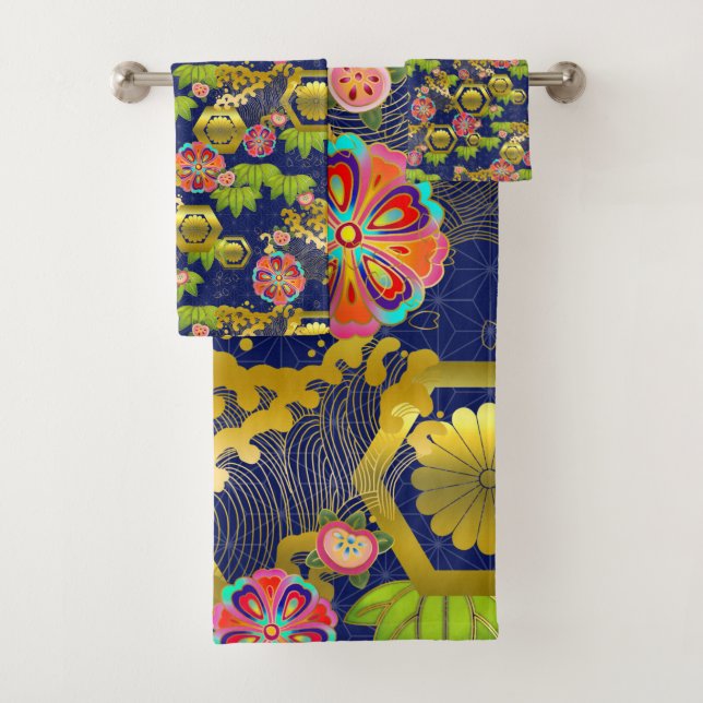 Ensemble de serviettes de bain motif de jurokugiku (En situation)
