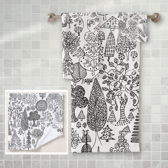 Ensemble de serviettes de bain rustique boho noir  (Rustic Boho Black and White Tree Pattern Bath Towel Set)