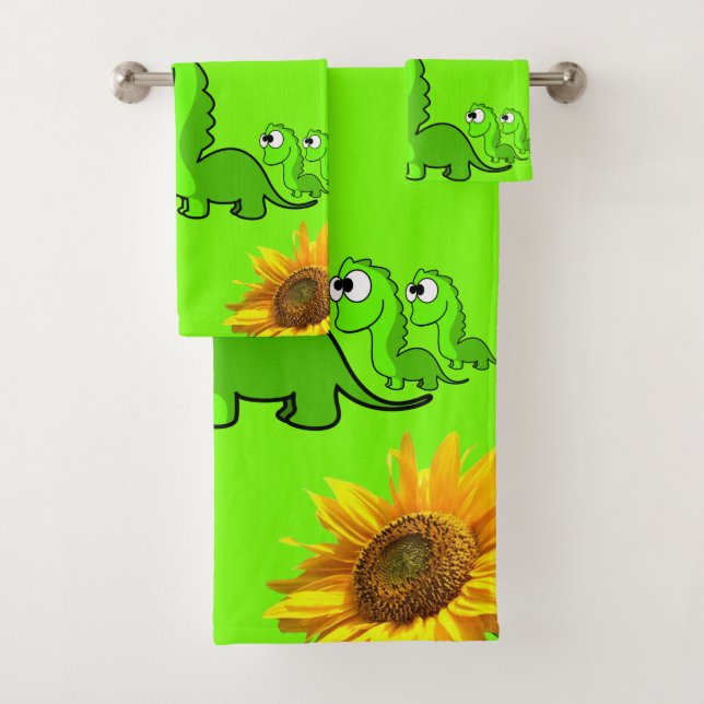 Ensemble de serviettes de bain vert Dinosaure Flor (En situation)