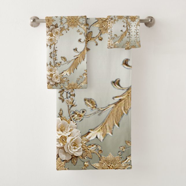 Ensemble de serviettes de toilette aux fleurs blan (En situation)