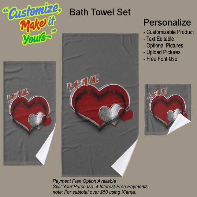 Ensemble de serviettes de toilette Heart Magic Cha (Heart Magic Bathroom Towel Set Featuring a Gray Background.)