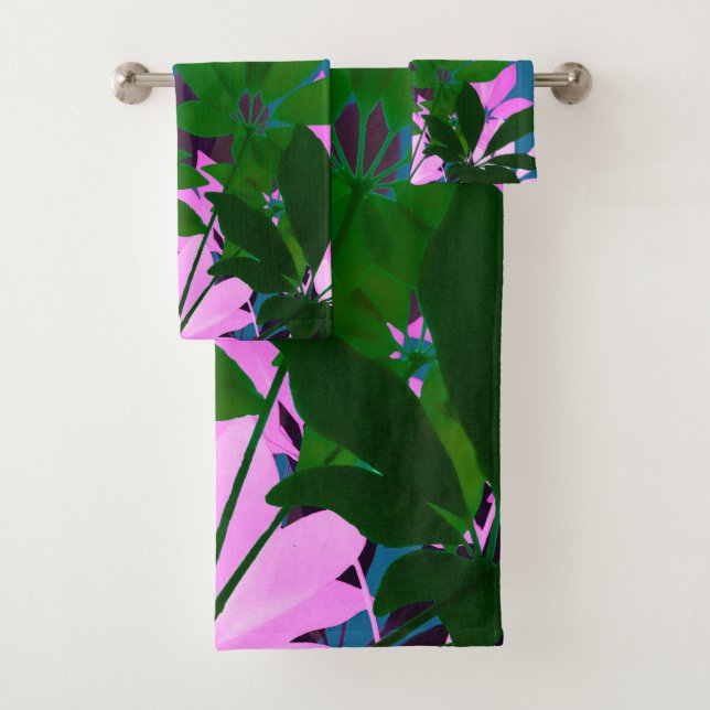 Ensemble de serviettes Feuilles rose et vert (En situation)
