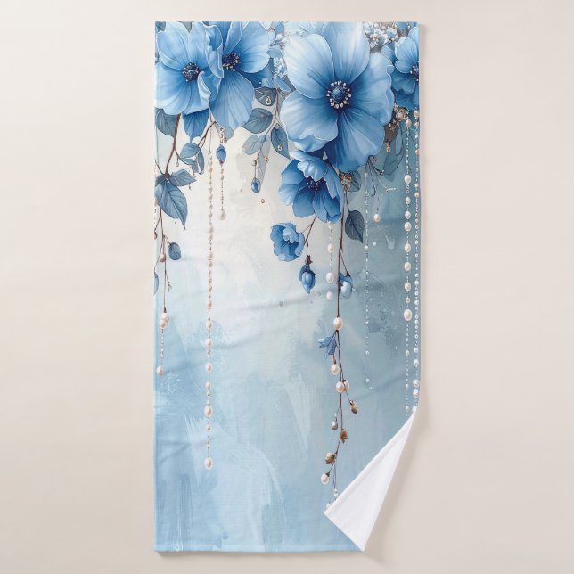 Ensemble de serviettes Fleurs bleues et perles (Serviette de bain)