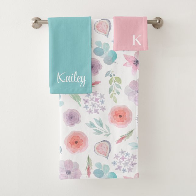 Ensemble de serviettes Floral Aquarelle Monogrammé (En situation)