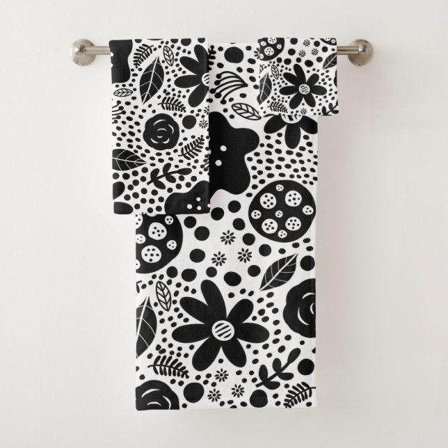 Ensemble de serviettes florales noires et blanches (En situation)