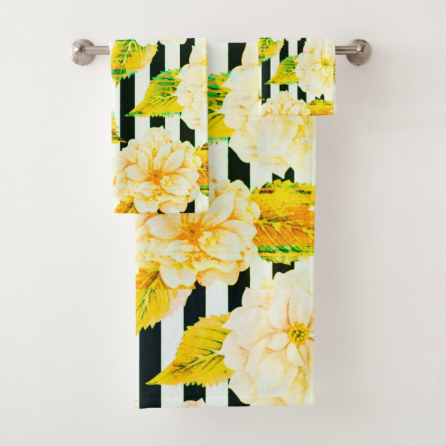 Ensemble de serviettes rayées jaune, noir et blanc (En situation)