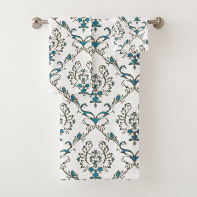Ensemble floral bleu de serviette de damassé d'or (En situation)