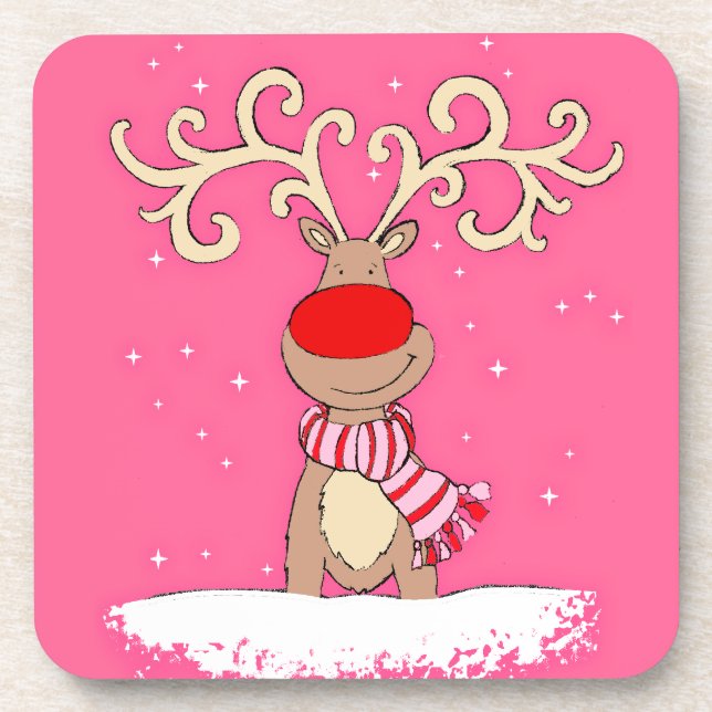Ensemble rose renne de Noël 6 dessous de verre (Devant)