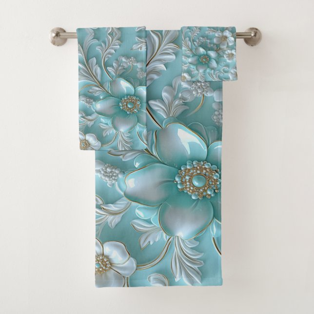 Ensemble turquoise de serviettes Floral Blanc (En situation)