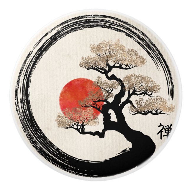 Enso Circle and Bonsai Tree on Canvas Ceramic Knob (Front)
