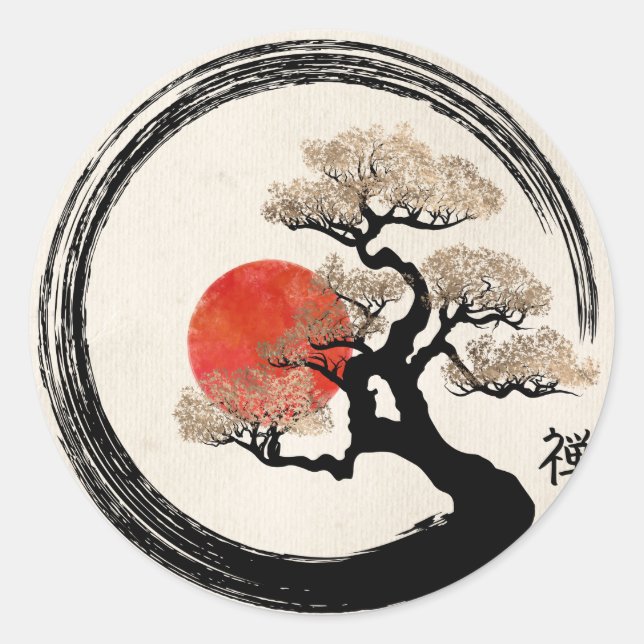 Enso Circle and Bonsai Tree on Canvas Classic Round Sticker (Front)