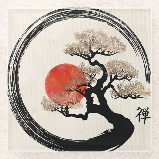 Enso Circle and Bonsai Tree on Canvas Glass Coaster (Front)