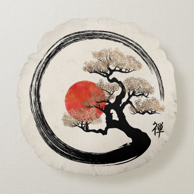 Enso Circle and Bonsai Tree on Canvas Round Pillow (Front)