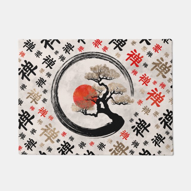 Enso Circle Bonsai Tree on Zen Symbol pattern Doormat (Front)