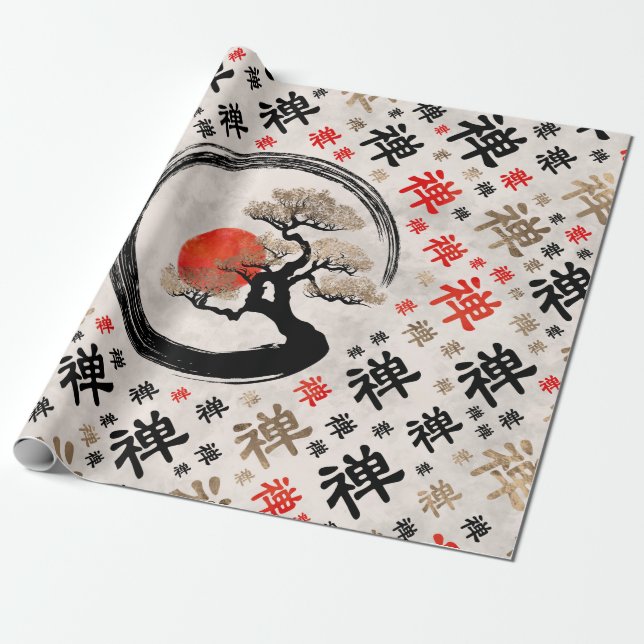 Enso Circle Bonsai Tree on Zen Symbol pattern Wrapping Paper (Unrolled)