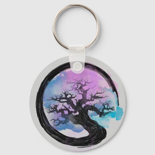 Enso Zen Circle and Bonsai Tree Alcohol Ink Keychain (Front)