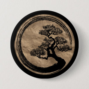 Enso Zen Circle and Bonsai Tree Gold 3 Inch Round Button