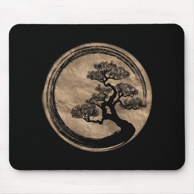 Enso Zen Circle and Bonsai Tree Gold Mouse Pad (Front)