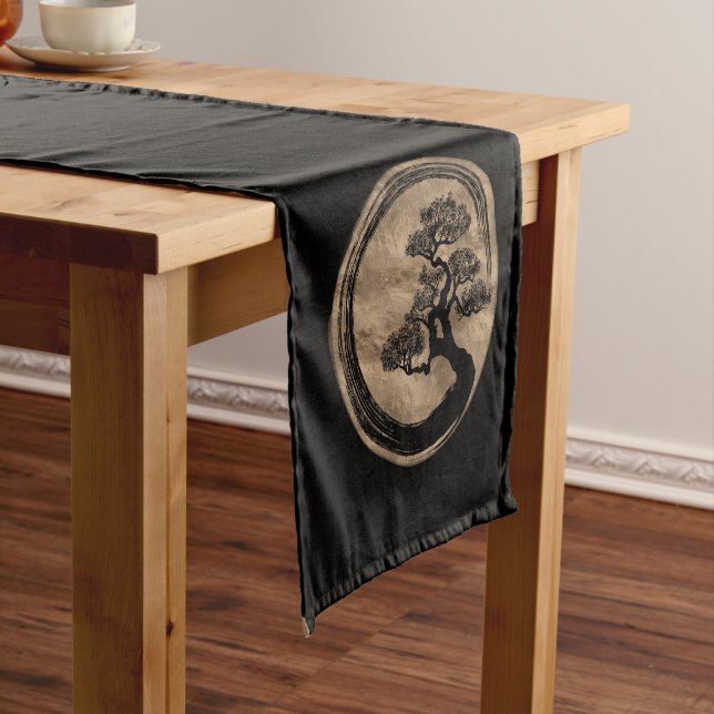 Enso Zen Circle and Bonsai Tree Gold Short Table Runner (In Situ)