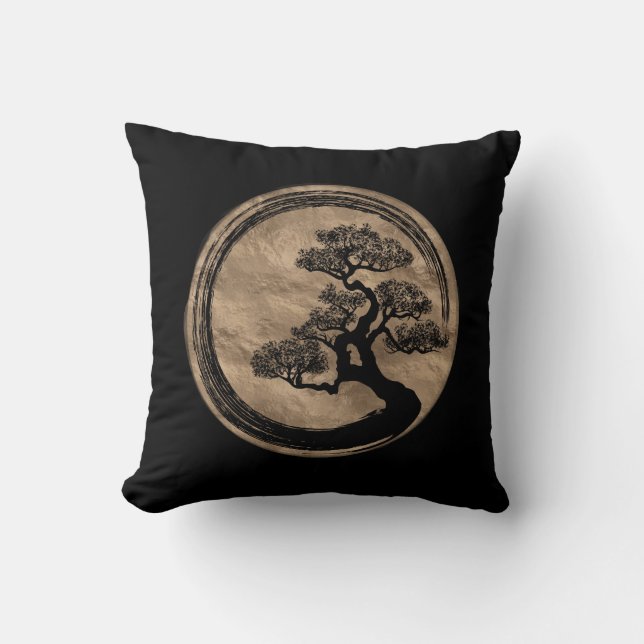 Enso Zen Circle and Bonsai Tree Gold Throw Pillow (Front)