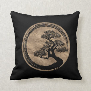 Enso Zen Circle and Bonsai Tree Gold Throw Pillow