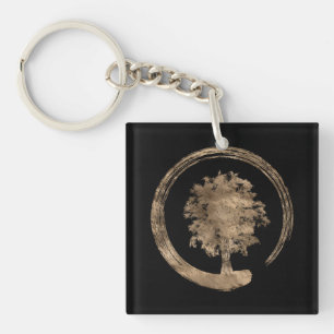 Enso Zen Circle and Tree - Gold on black Keychain