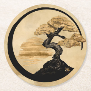 Enso Zen Circle Bonsai - Golden Sunrise Round Paper Coaster