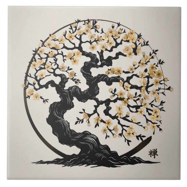 Enso Zen Circle Sakura tree - Golden Blossom Tile (Front)