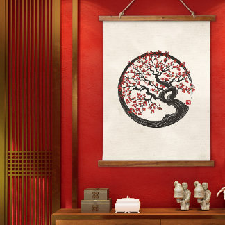 Enso Zen Circle Sakura tree Hanging Tapestry