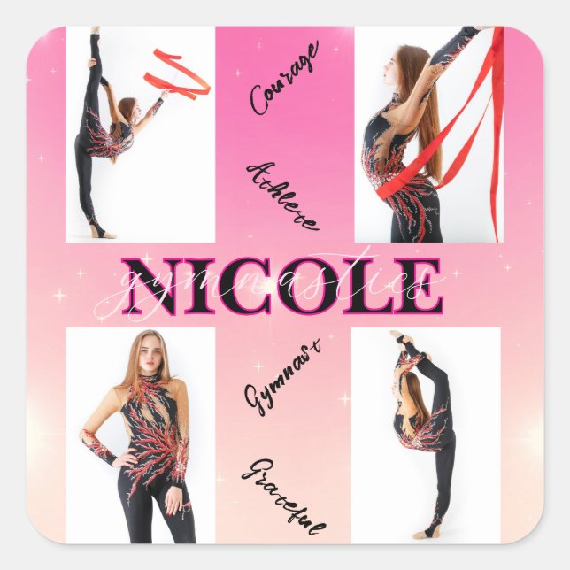 Entangled Gymnastics Pink 4 Photo Encouragement Square Sticker (Front)
