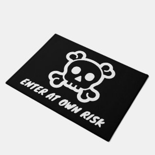 Enter at own risk funny skull head symbol doormat