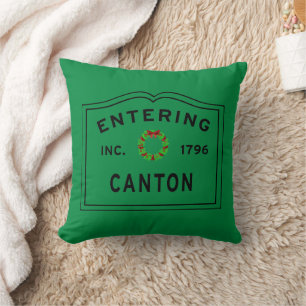 Entering Canton Massachusetts Christmas Throw Pillow