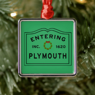 Entering Plymouth, MA Holiday Wreath Metal Ornament