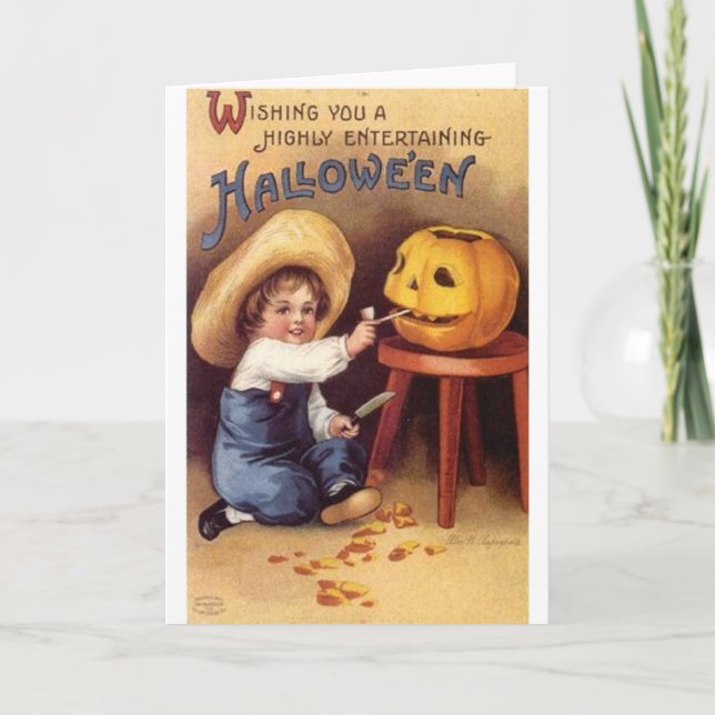 Entertaining Halloween Boy Carving Pumpkin Card (Front)