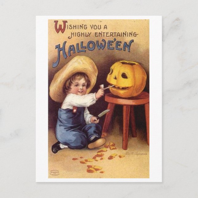 Entertaining Halloween Boy Carving Pumpkin Postcard (Front)