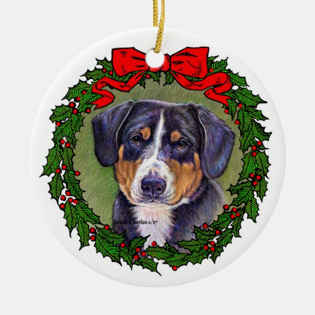 Entlebucher Mountain Dog Art by Glenda Harlan Ceramic Ornament (Front)