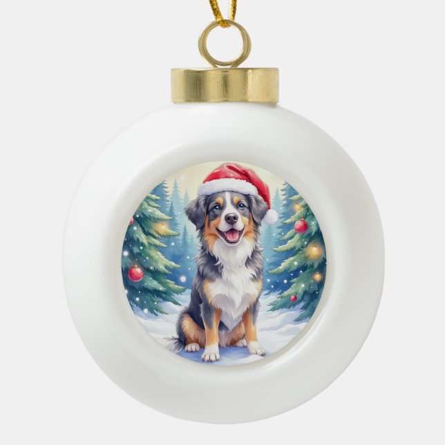 Entlebucher Mountain Dog Snowy Forest Santa Ceramic Ball Christmas Ornament (Front)