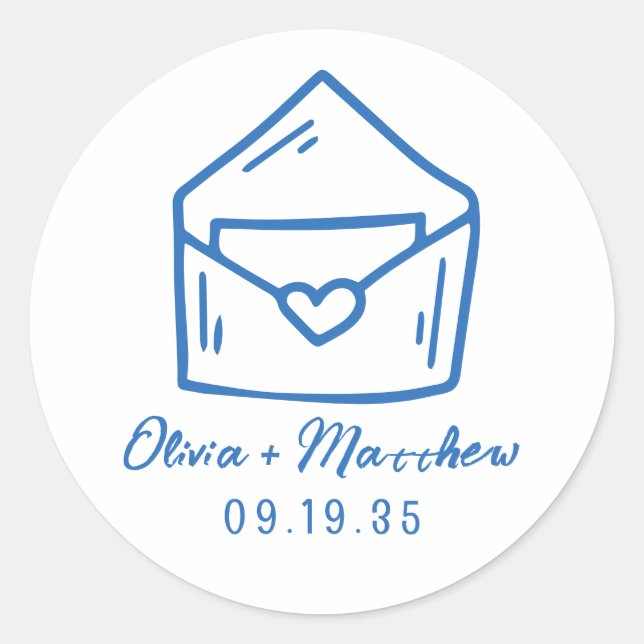Envelope Heart Blue French Style Wedding Date Classic Round Sticker (Front)