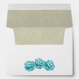Enveloppe 3 Roses Turquoises d'aquarelle et motif Tan Damask