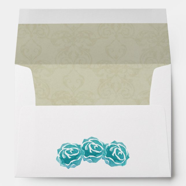 Enveloppe 3 Roses Turquoises d'aquarelle et motif Tan Damask (Dos (Bas))