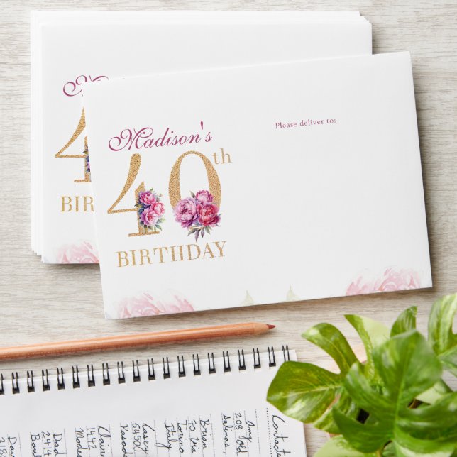 Enveloppe 40e anniversaire Pink Peonies Gold Parties scintil (Stacked)
