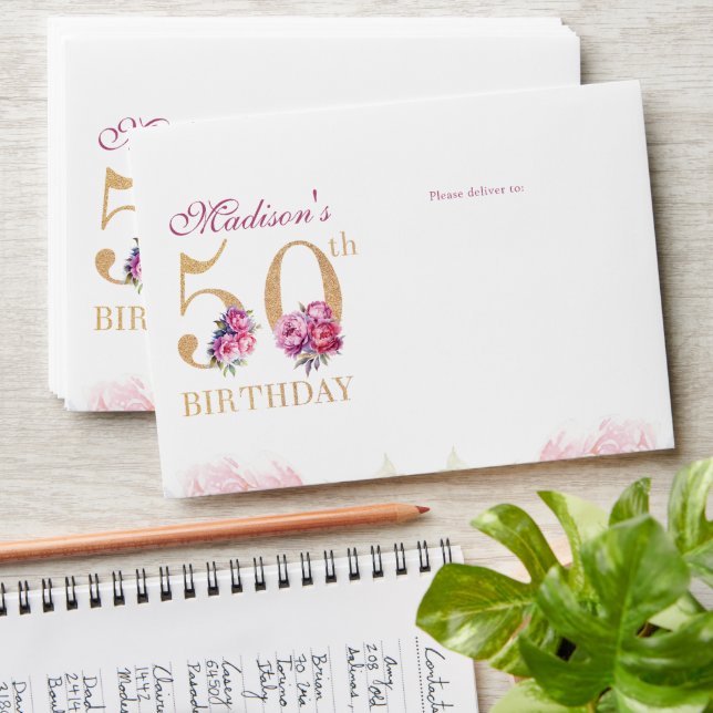 Enveloppe 50e anniversaire Pink Peonies Gold Parties scintil (Stacked)
