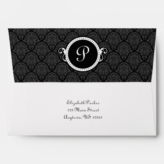 Enveloppe 5x7 Noir Blanc Damas Monogramme Adresse de retour (Dos (Haut rabat))