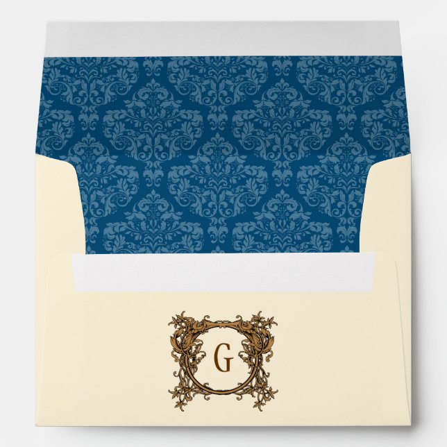 Enveloppe A7 Crème Marine Blue Damask Monogram Mariage (Dos (Bas))