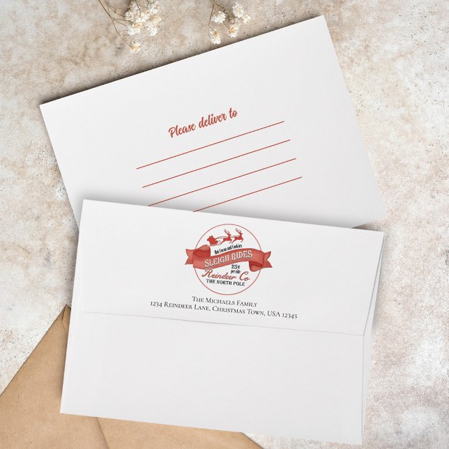 Enveloppe Accueil de Noël moderne (Simple Christmas holiday envelope with Santa Sleigh Rides typography. )