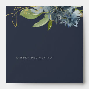 ENVELOPPE ADRESSE DE COULEUR D'EAU FLORALE MARINE BLEU OR VE