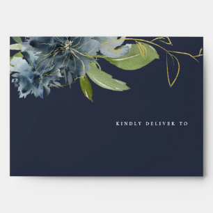 ENVELOPPE ADRESSE DE COULEUR D'EAU FLORALE MARINE BLEU OR VE