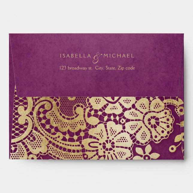 Enveloppe Adresse de retour du mariage en dentelle violet or (Dos (Haut rabat))